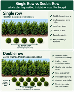 How far apart should Yew trees be planted for a hedge. Single row Vs Double Row planting